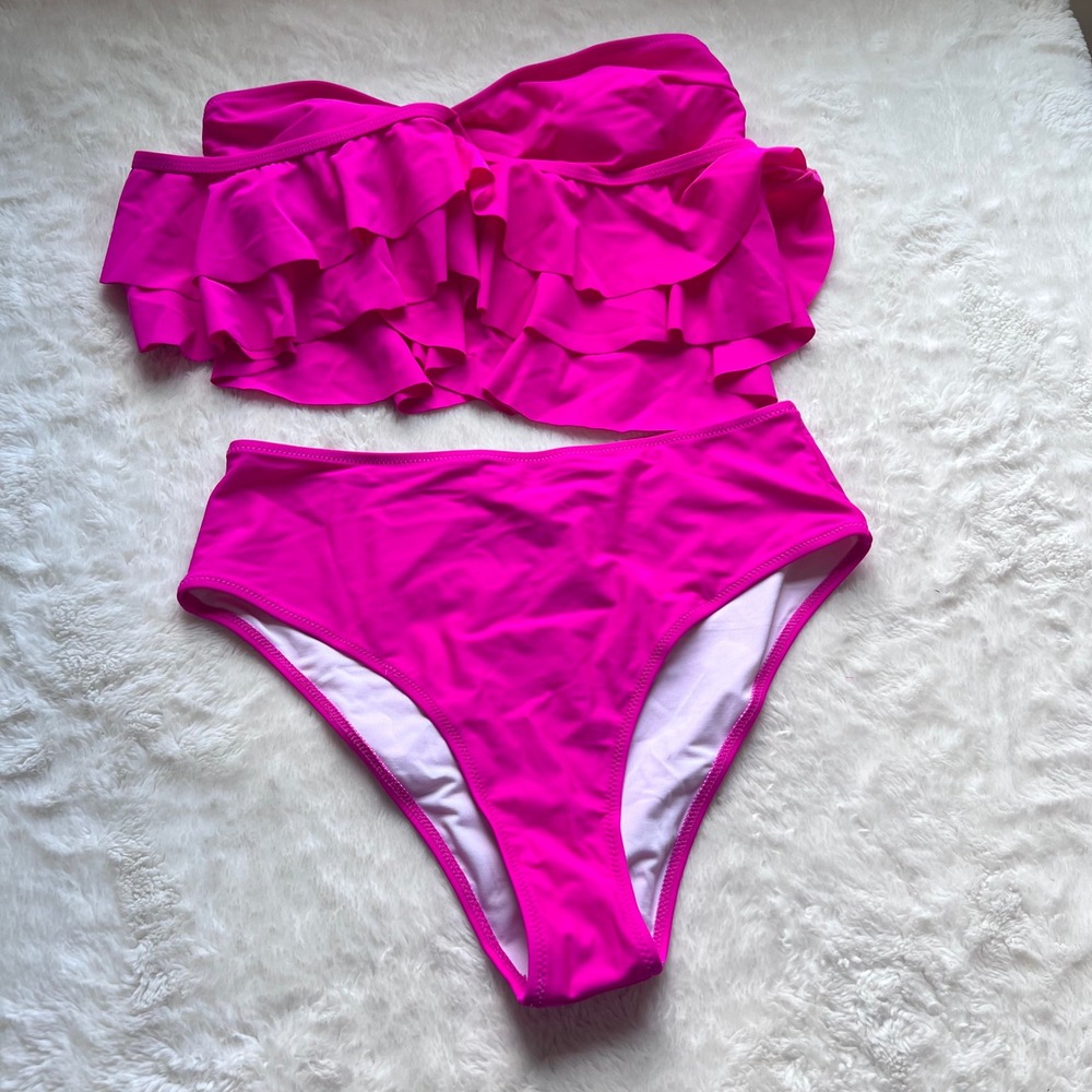 Hilinker Women Pink Ruffle One Shoulder Bikini High Waist 2 Piece Swimsuit M NEW